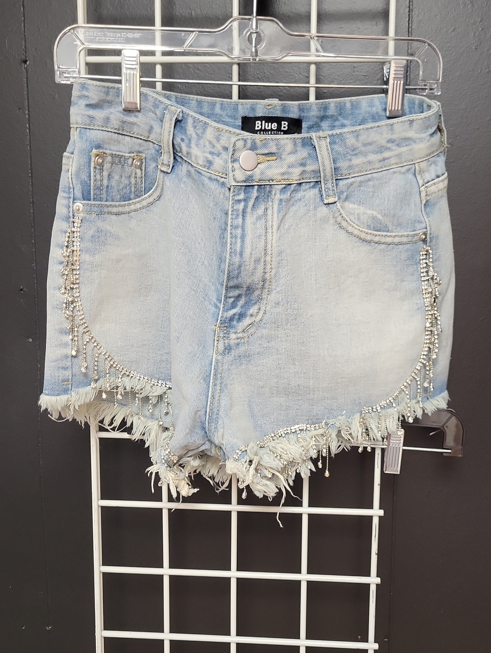 Blue B Light Wash Denim Fringe Shorts with Rhinestone Trim, Size Small